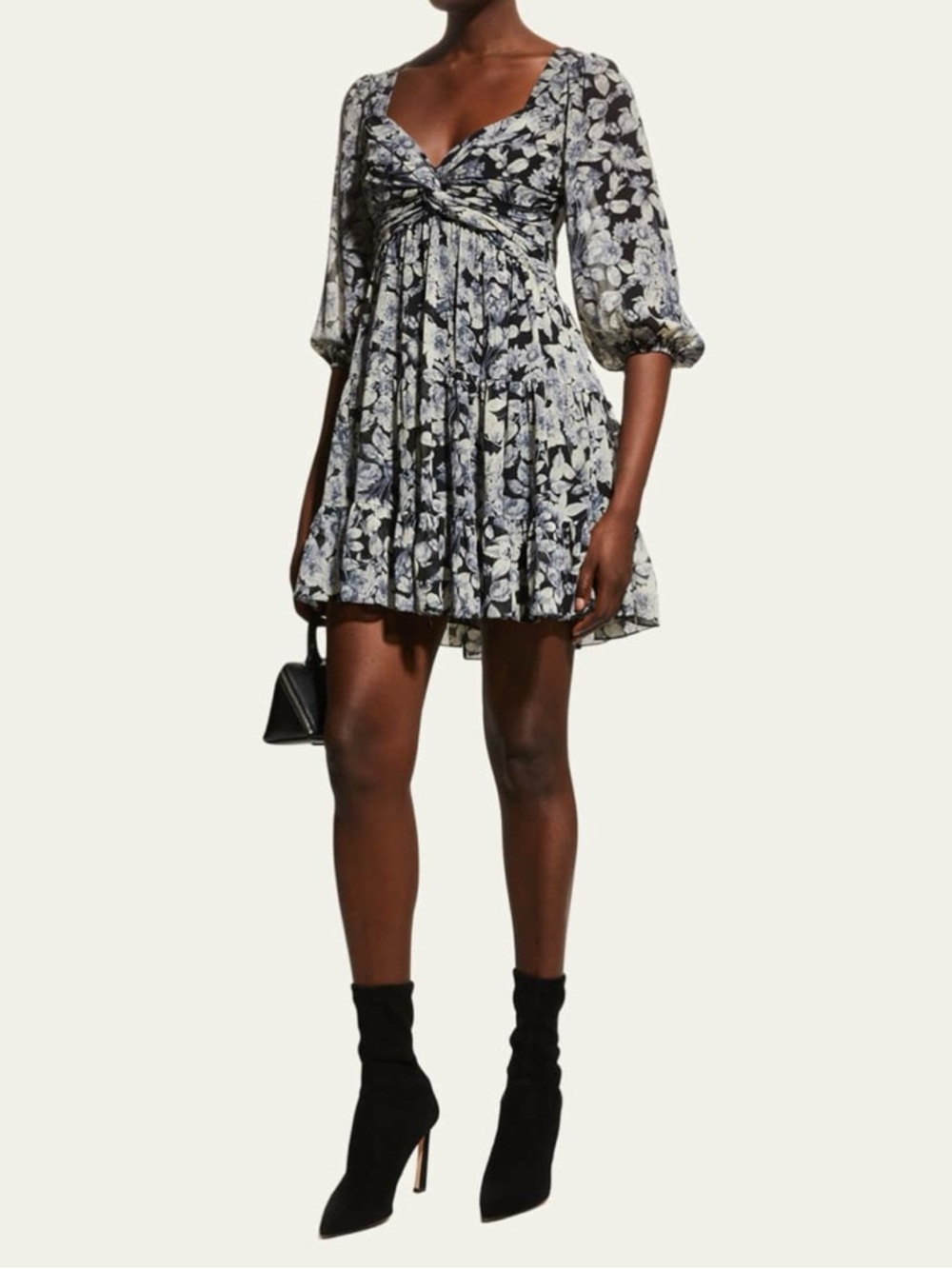Cinq á sept Harlie Floral Twist Front Mini Dress in Black and Grey Size 12
